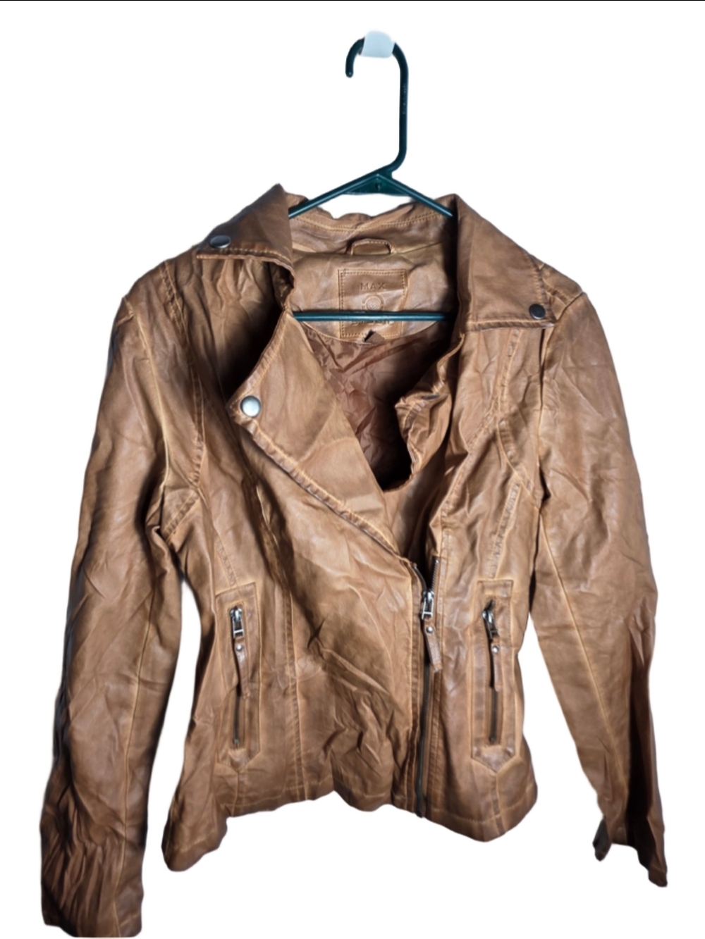 Women's Max Studio Tan Faux Leather Moto Jacket Size M fall bikercore sexy